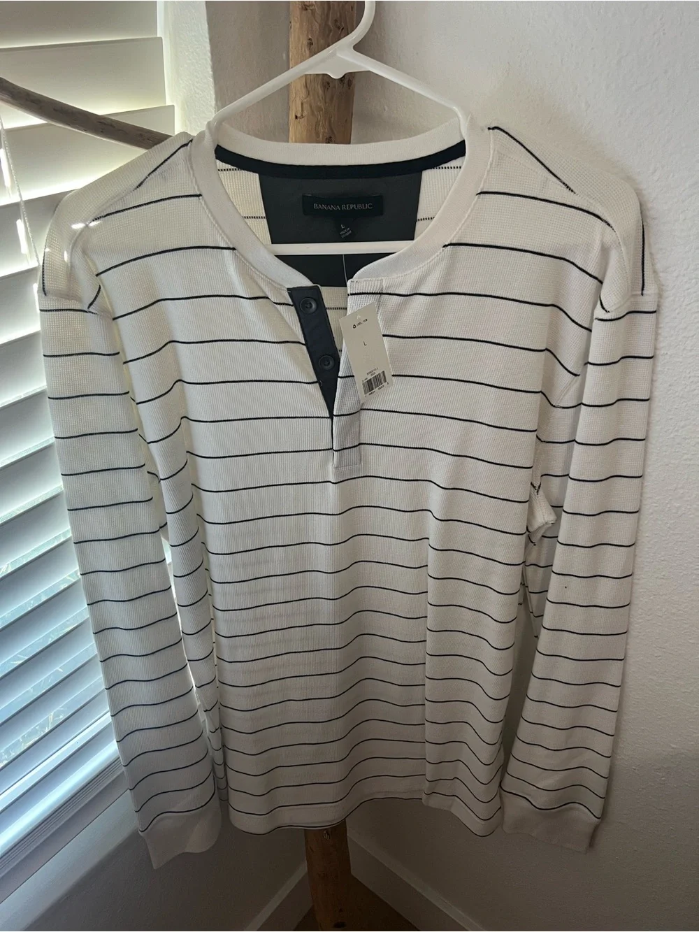 Banana Republic White Long-Sleeve Henley with Navy Stripes